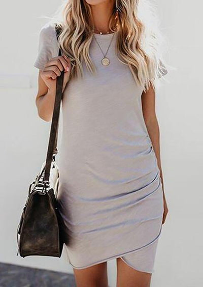 Solid Ruched Short Sleeve Bodycon Dress without Necklace - Sprechic