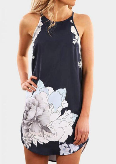 Floral Sleeveless Mini Dress - Navy Blue - Sprechic