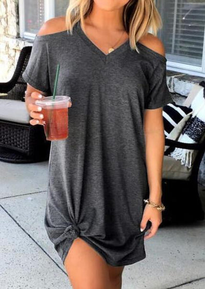 Solid Cold Shoulder Mini Dress without Necklace - Dark Grey - Sprechic