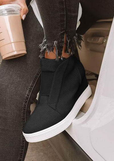 Mesh Hole Zipper Wedged Sneakers - Black - Sprechic