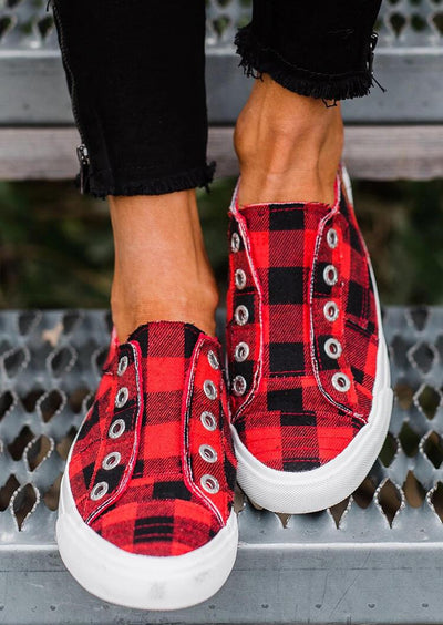 Plaid Slip-On Round Toe Flat Sneakers - Red - Sprechic