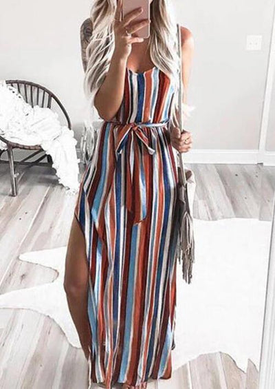 Colorful Striped Slit Spaghetti Strap Maxi Dress - Sprechic