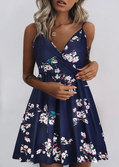 Floral Spaghetti Strap Mini Dress without Necklace - Navy Blue - Sprechic