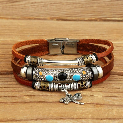 Dragonfly Turquoise Layered Leather Bracelet - Sprechic