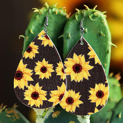 Sunflower Water Drop Shaped Leather Earrings - Sprechic