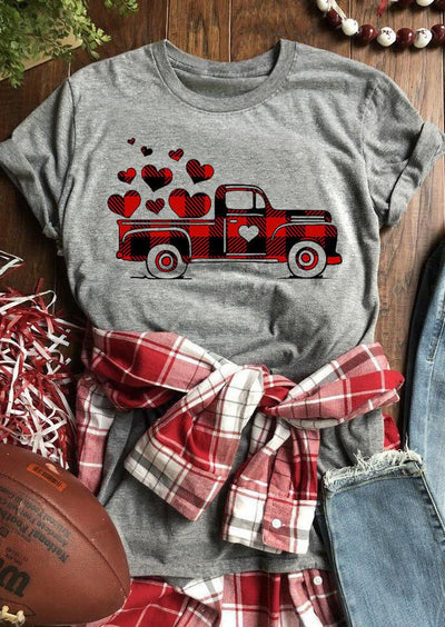 Plaid Printed Splicing Truck Heart T-Shirt Tee - Gray - Sprechic