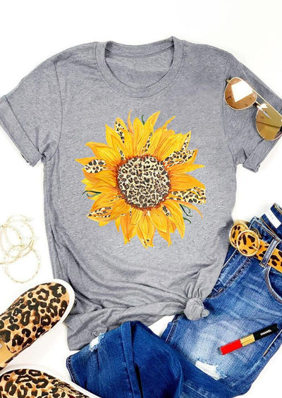 Sunflower Leopard Printed T-Shirt Tee - Gray - Sprechic
