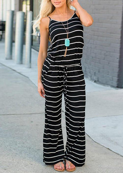 Striped Pocket Drawstring Jumpsuit without Necklace - Sprechic