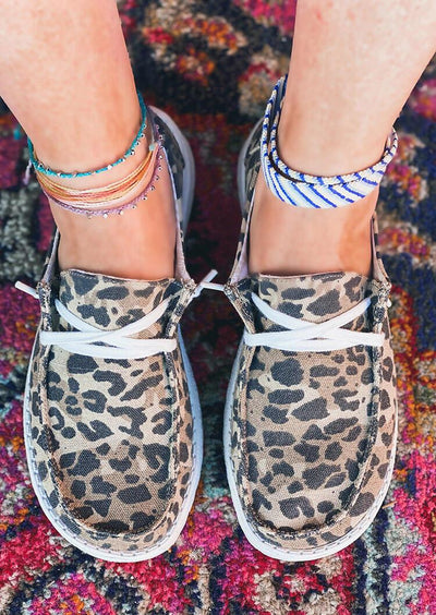 Leopard Lace Up Round Toe Flat Sneakers - Sprechic