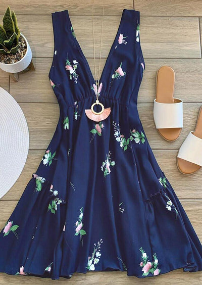 Floral Ruffled Open Back Mini Dress without Necklace - Navy Blue - Sprechic