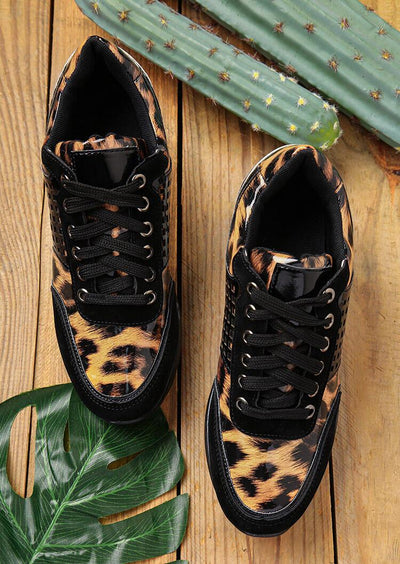 Leopard Lace Up Round Toe Wedge Sneakers - Sprechic