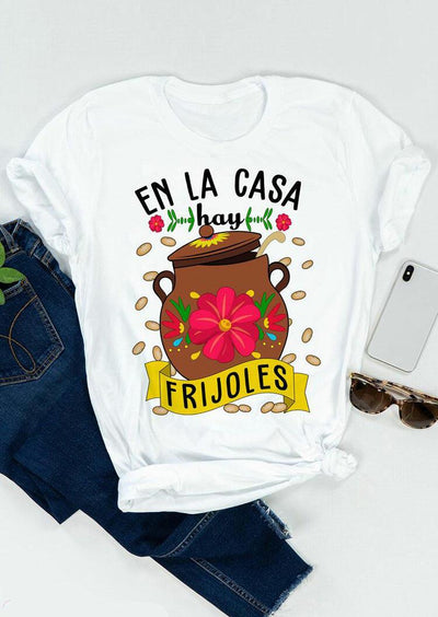 Mexican Letter Graphic Floral T-Shirt Tee - White - Sprechic