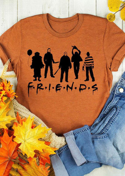 Halloween Friends Horror Movie Characters T-Shirt Tee - Orange - Sprechic