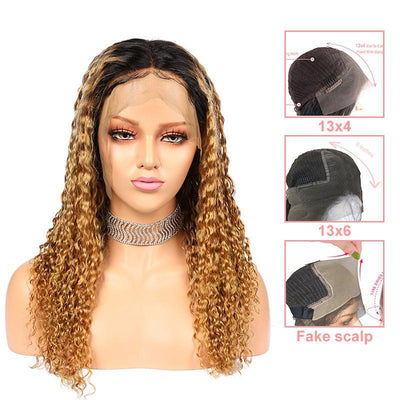 12-24 Inches Ombre Curly Deep Wave Brazilian Lace Front Remy Human Hair Wig - Sprechic