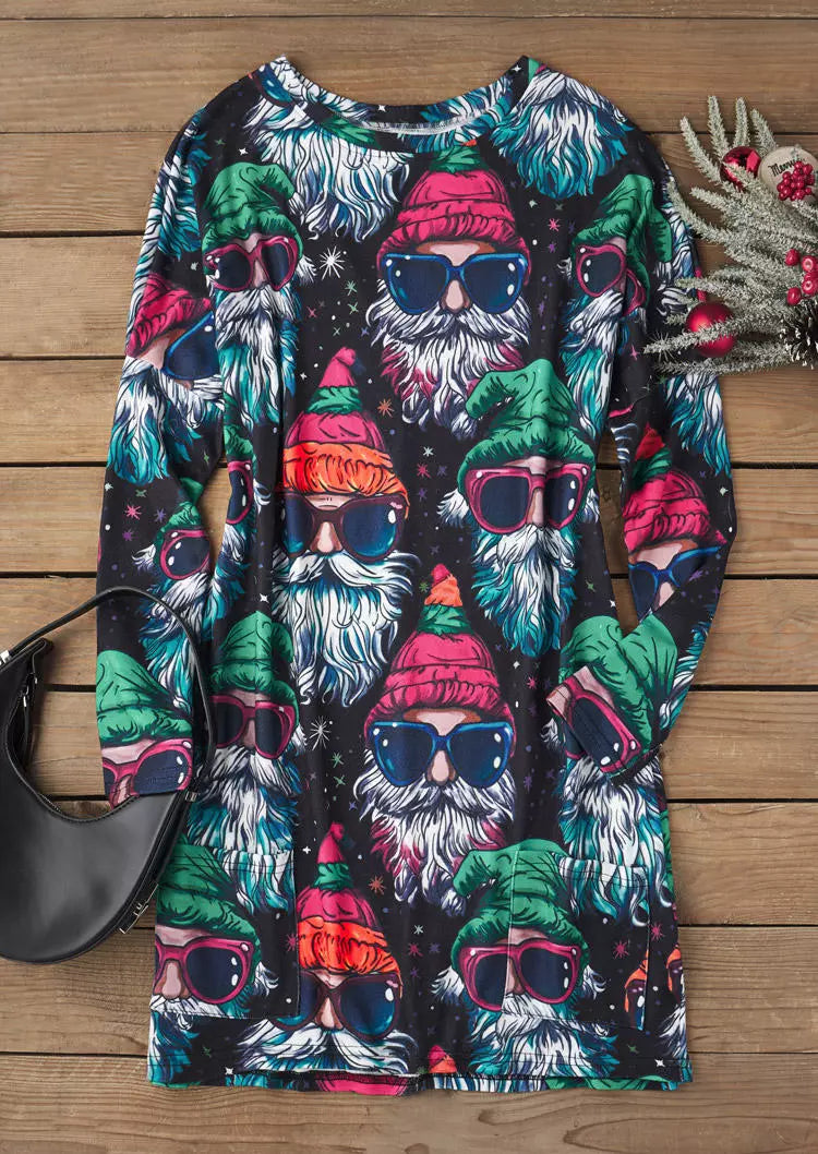 For G And PL Women's Christmas Long Sleeve Mini Dress - Ugly Christmas Party Dress With Santa Print - View #2