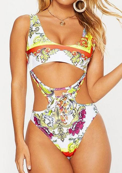 Floral Lace Up One-Piece Swimsuit without Necklace - Sprechic