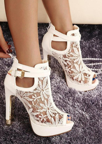 Solid Lace Splicing Hollow Out Heeled Sandals - Sprechic