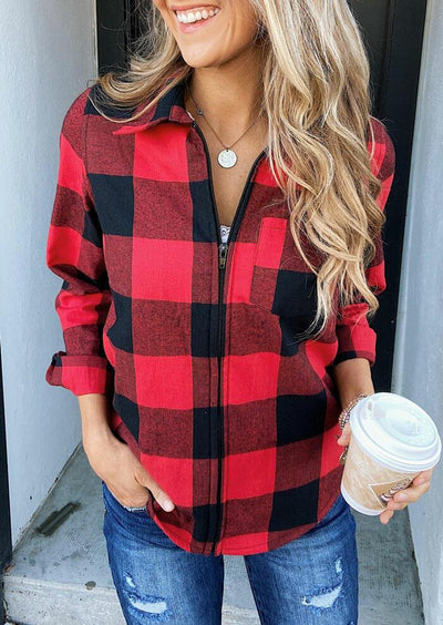 Plaid Pocket Zipper Long Sleeve Coat without Necklace - Red - Sprechic