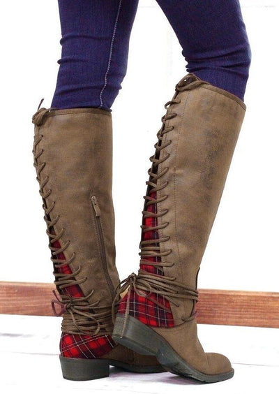 Plaid Splicing Lace Up Zipper Knee-High Boots - Sprechic
