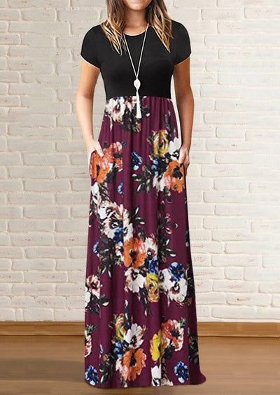 Floral Pocket Maxi Dress without Necklace - Burgundy - Sprechic