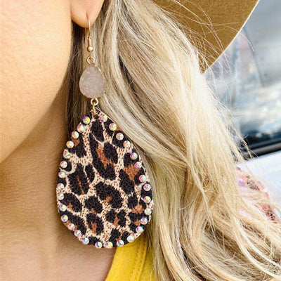 Leopard Rhinestone Leather Earrings - Sprechic