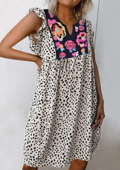 Cow Printed Splicing Floral Ruffled Casual Dress - Sprechic