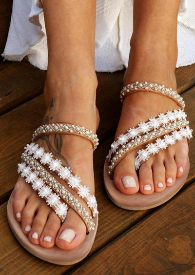 Beads Lace Strap Round Toe Flat Slippers - Sprechic
