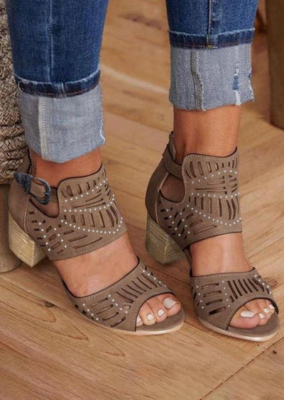 Rhinestone Hollow Out Buckle Strap Sandals - Light Coffee - Sprechic
