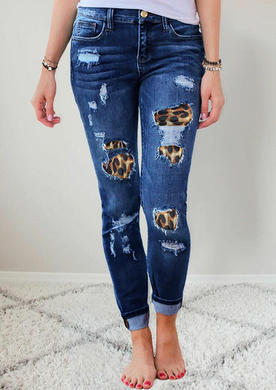 Ripped Leopard Patch Pocket High Waist Skinny Jeans - Blue - Sprechic