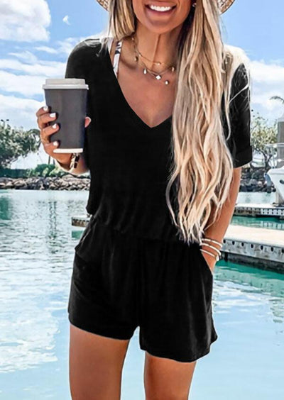 Ruffled Pocket Romper without Necklace - Black - Sprechic