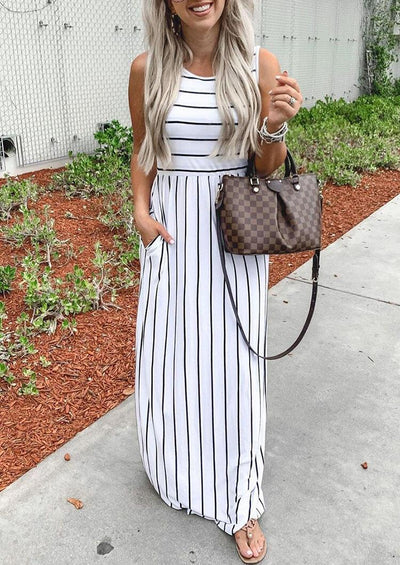 Striped Splicing Pocket Sleeveless Maxi Dress - White - Sprechic
