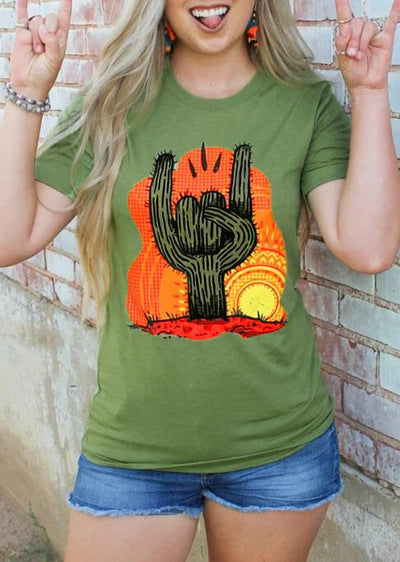 Cactus Rock Roll Graphic T-Shirt Tee - Green - Sprechic