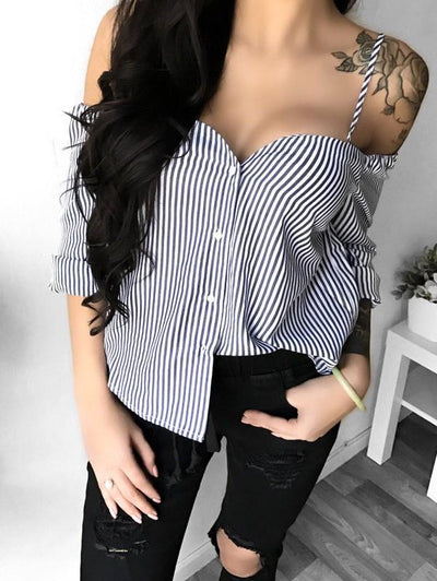 Sexy Stripe Off Shoulder Button Blouse - Sprechic